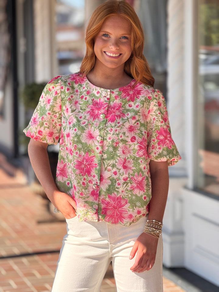 Scallop Hem Button Down Embroidered Floral Print Top