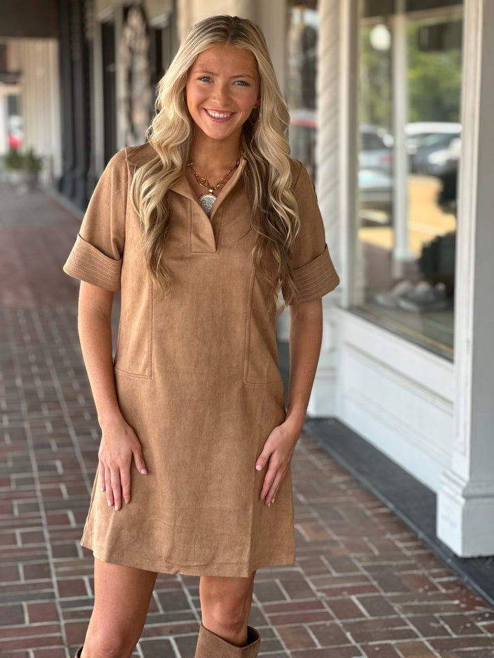 Collared Short Suede Dress in Camel