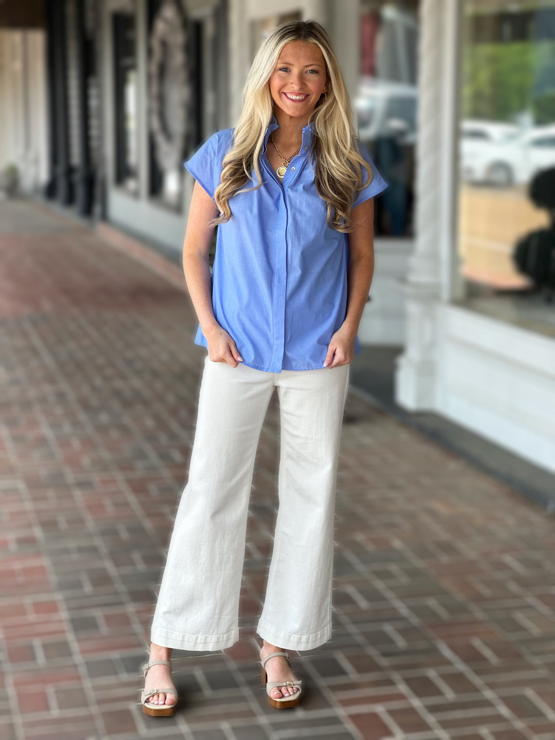 Blue Solid Cap Sleeve Top