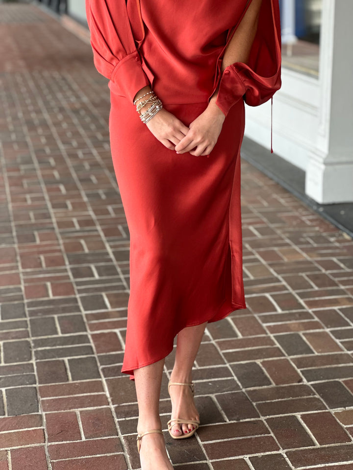 Asymmetrical Hem Satin Slip Skirt in Burnt Orange