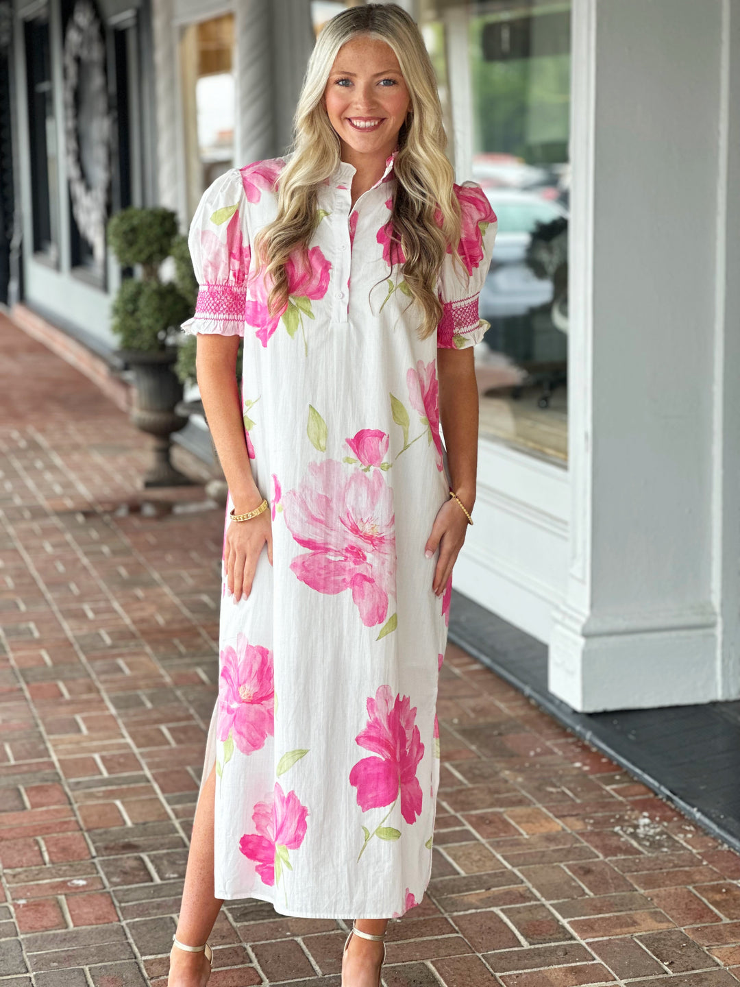 Ruffle Neck Puff Sleeve Button Placket Floral Midi Dress in White