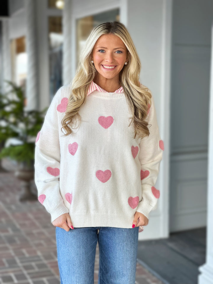 Cream Heart Detail Crew Sweater