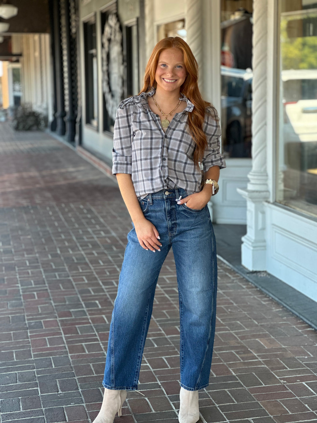 Bontina Top in Grey Plaid