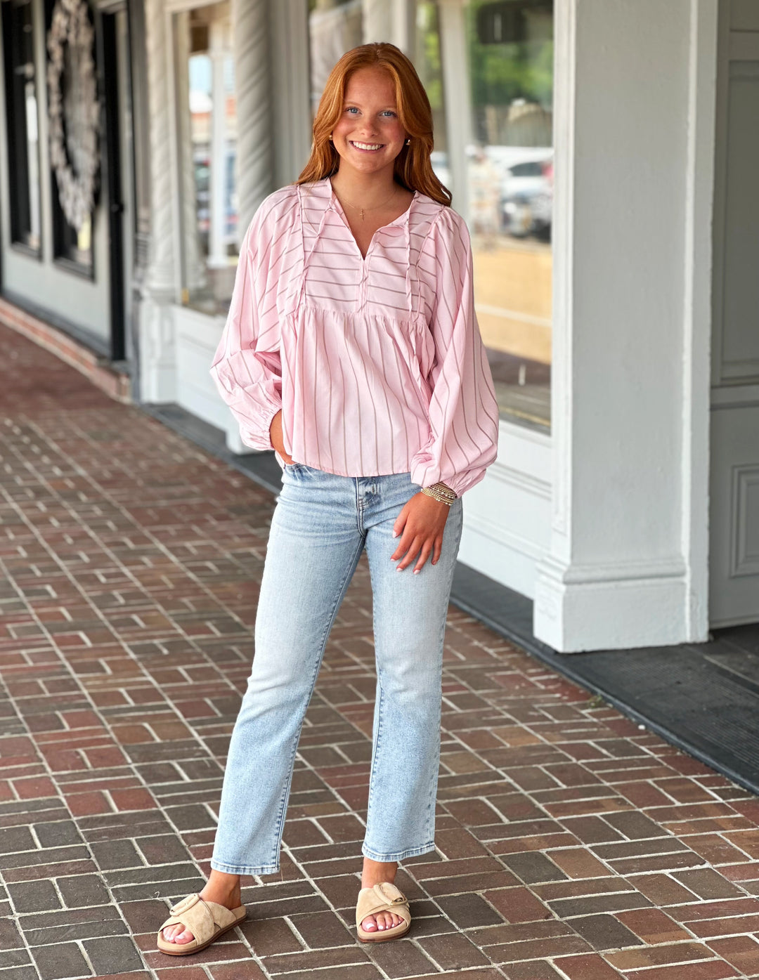 Tie Front Striped Long Sleeve Blouse in Pink