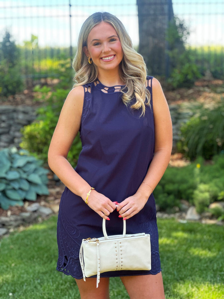 Embroidered Shift Dress with Cut-Out in Navy