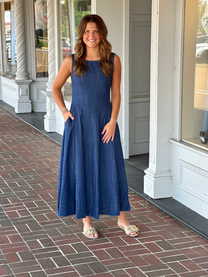 In The Moment Denim Sleeveless Maxi Dress