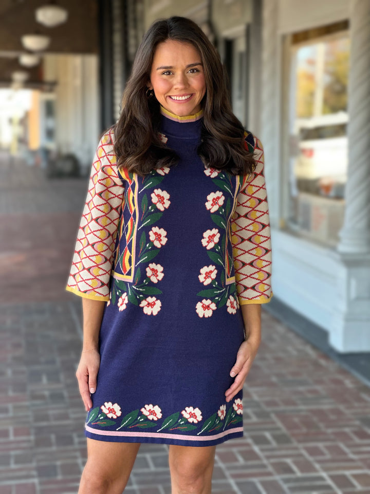 Floral And Geo Motif Jacquard Navy Dress