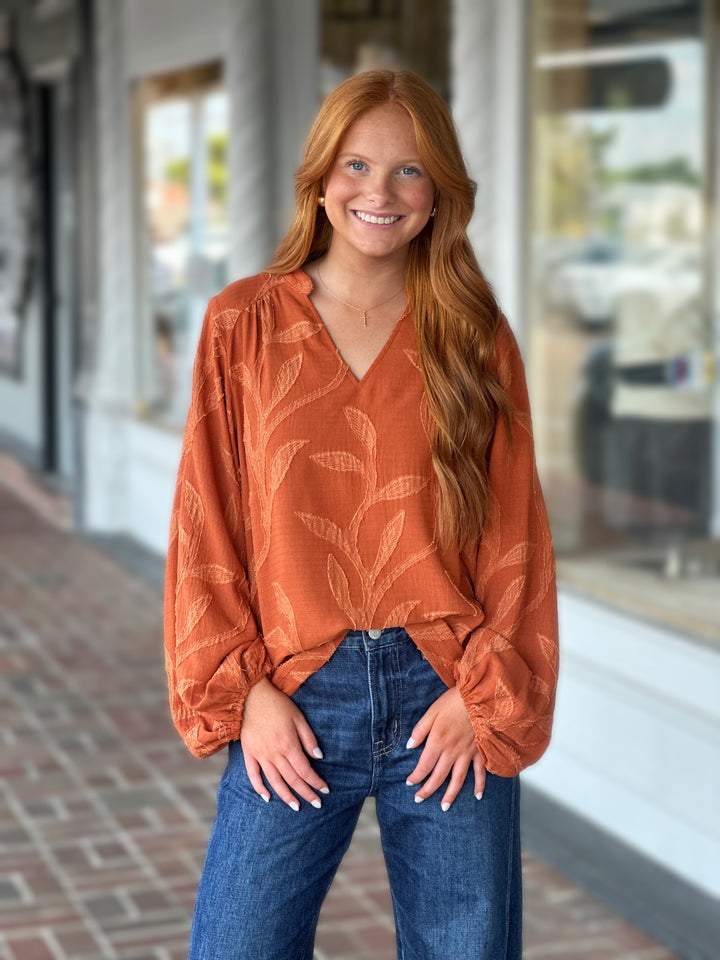 Textured Long Sleeve Top in Rust