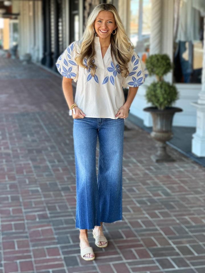 Puff Sleeve Floral Embroidery Top in Cream