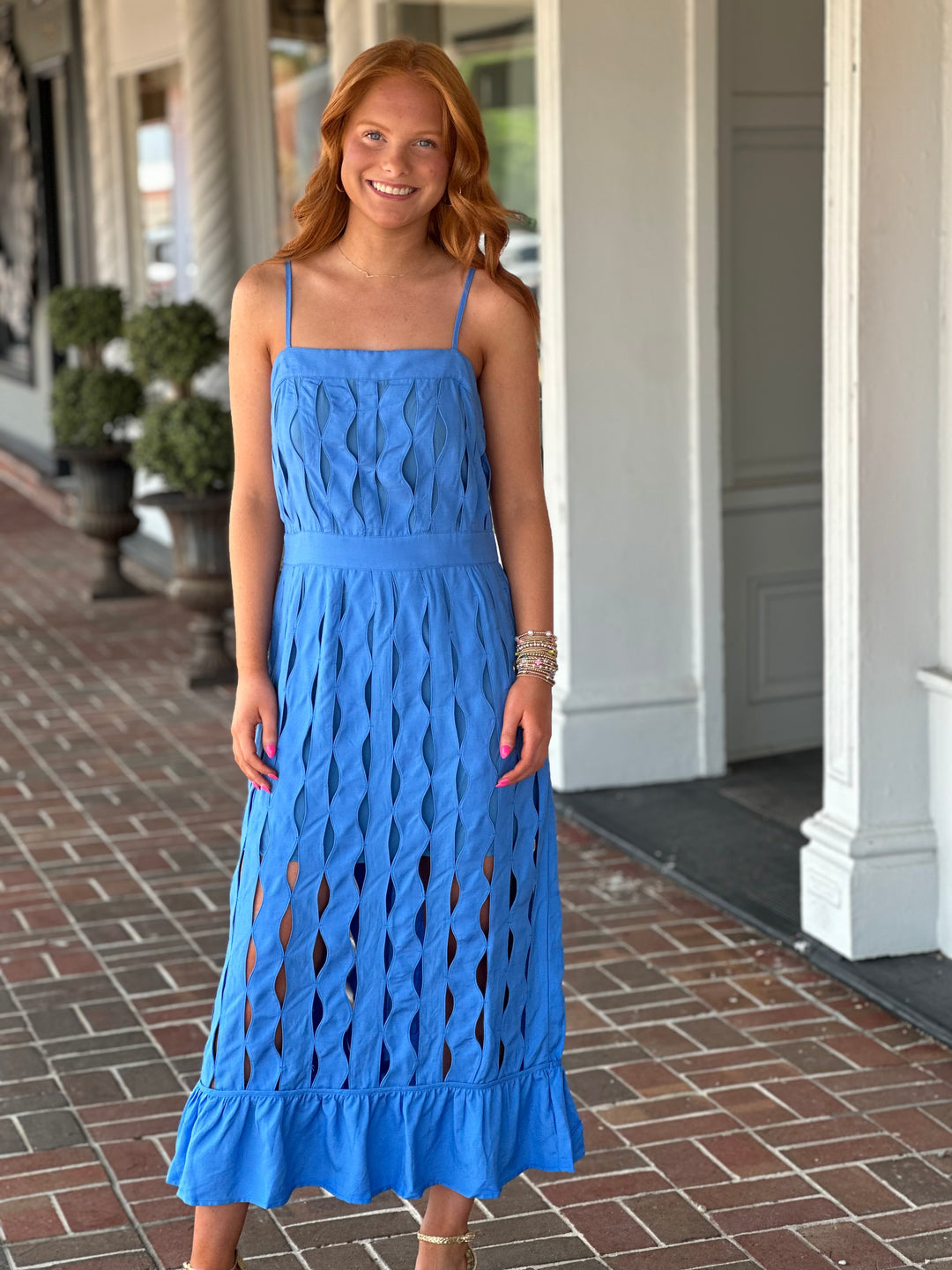 Marine Blue Wave Detail Sleeveless Midi Dress