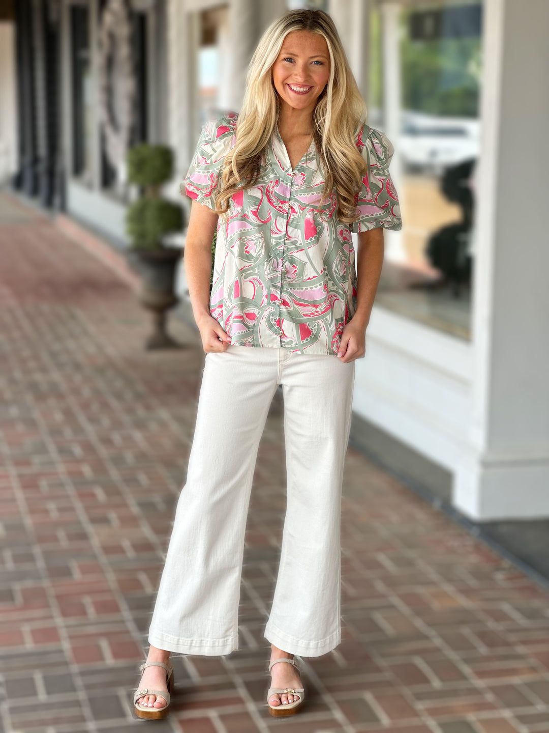 Printed Puff Sleeve Top in Pink Multi