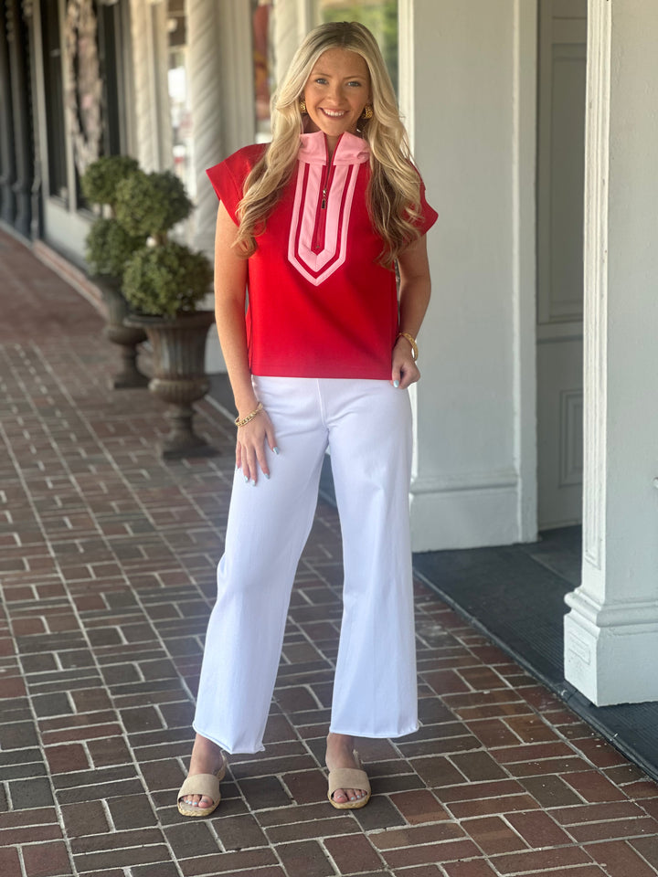 Red Zippered Solid Cap Sleeve Top
