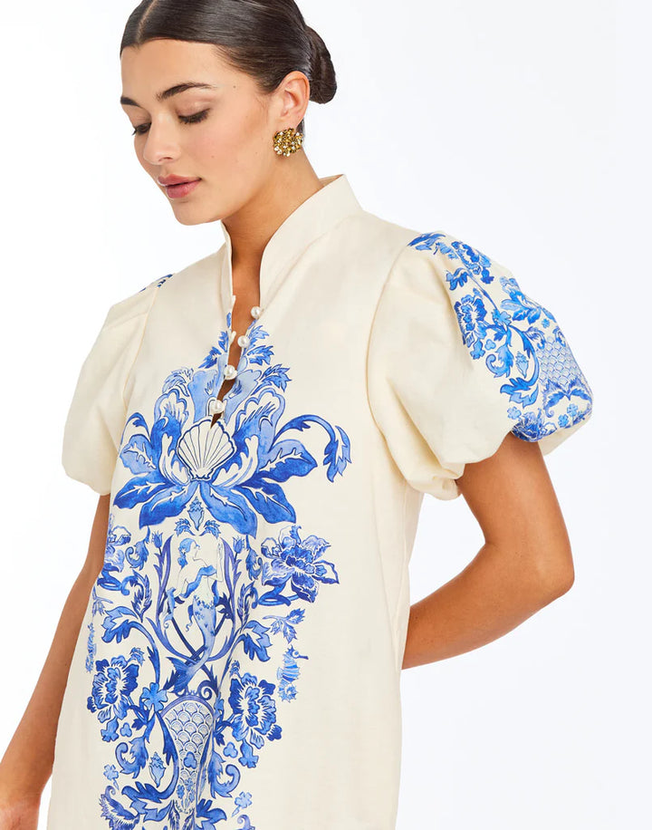 Mestiza Elliana Printed Mini Dress in Blue Ivory Mermaid Trellis
