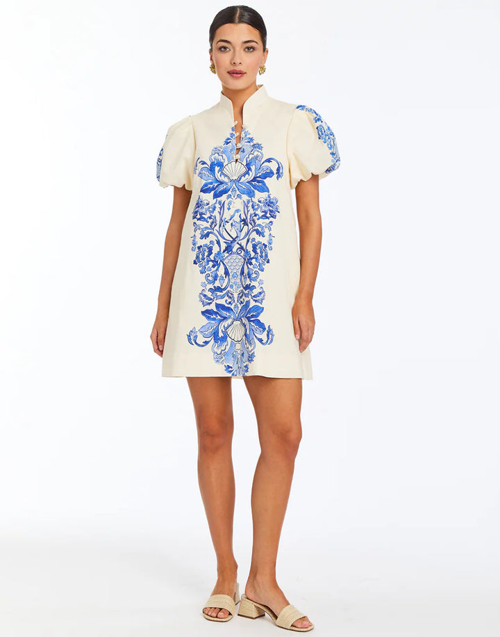 Mestiza Elliana Printed Mini Dress in Blue Ivory Mermaid Trellis