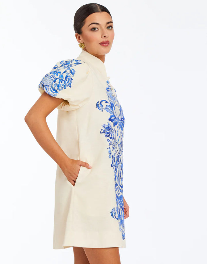 Mestiza Elliana Printed Mini Dress in Blue Ivory Mermaid Trellis