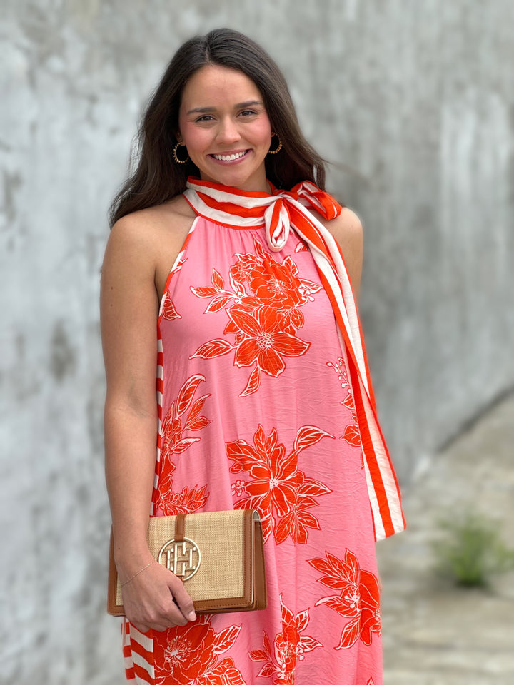 Pink Botanical Print Sleeveless Midi Dress