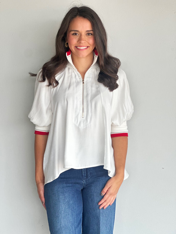 Mock Neck Band Puff Sleeve Blouse in White