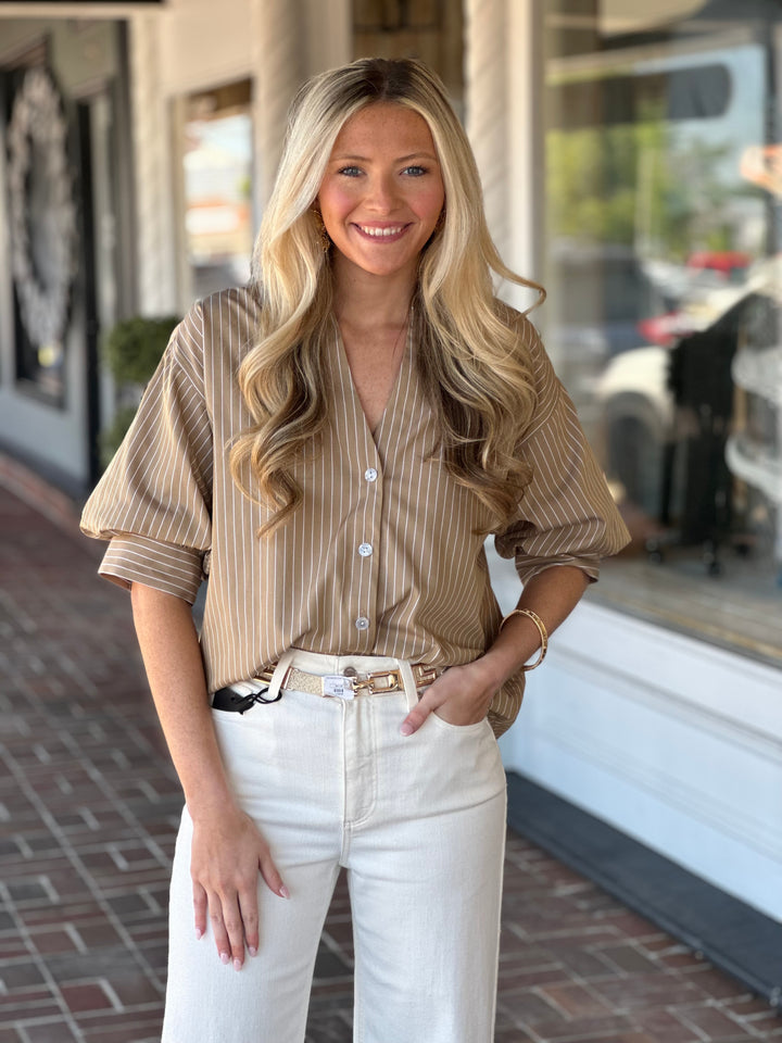 Hinson Wu Lilian Elbow Sleeve Pencil Stripe Shirt in Khaki White