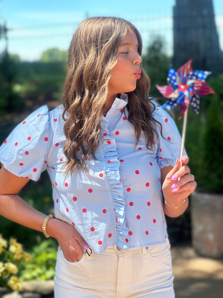 Polka Dot Ruffled Button Down Top in Skyblue