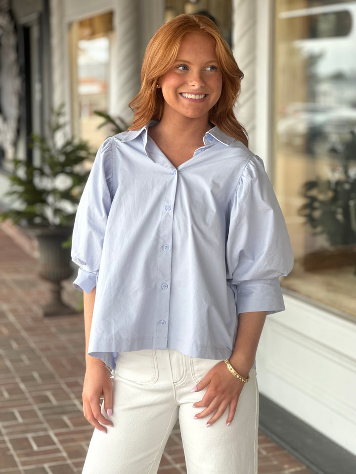Puff Sleeve Button Down Top in Sky Blue