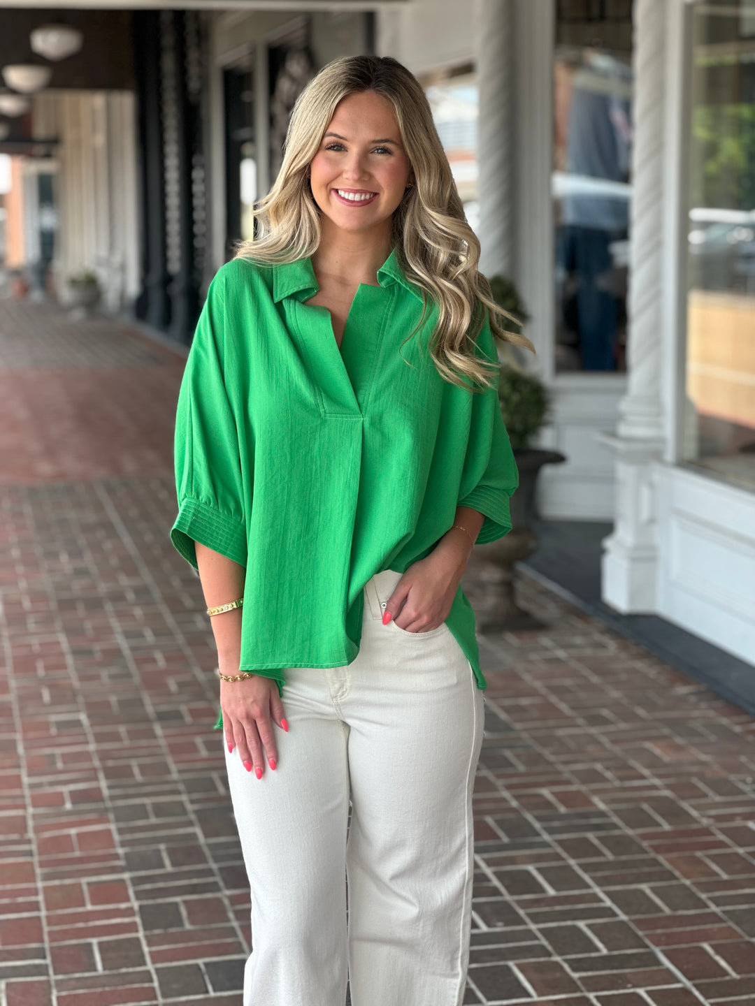 Green V Neck Collar Top