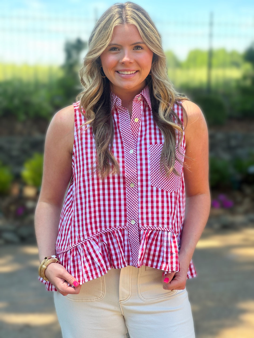Gingham Sleeveless Top in Red