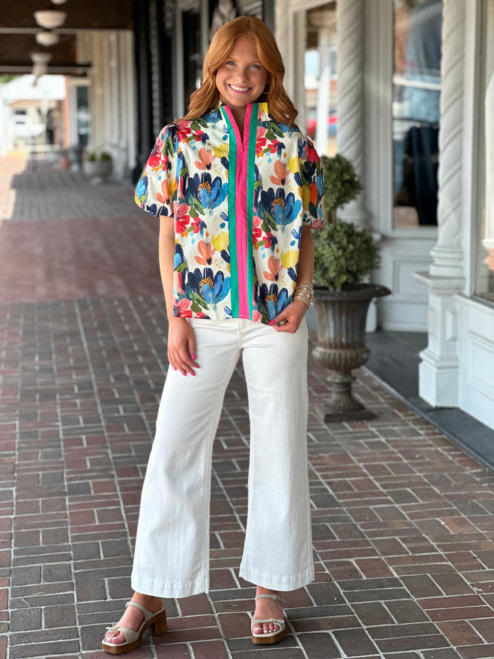 Stripe Quarter Zip Watercolor Floral Print Top