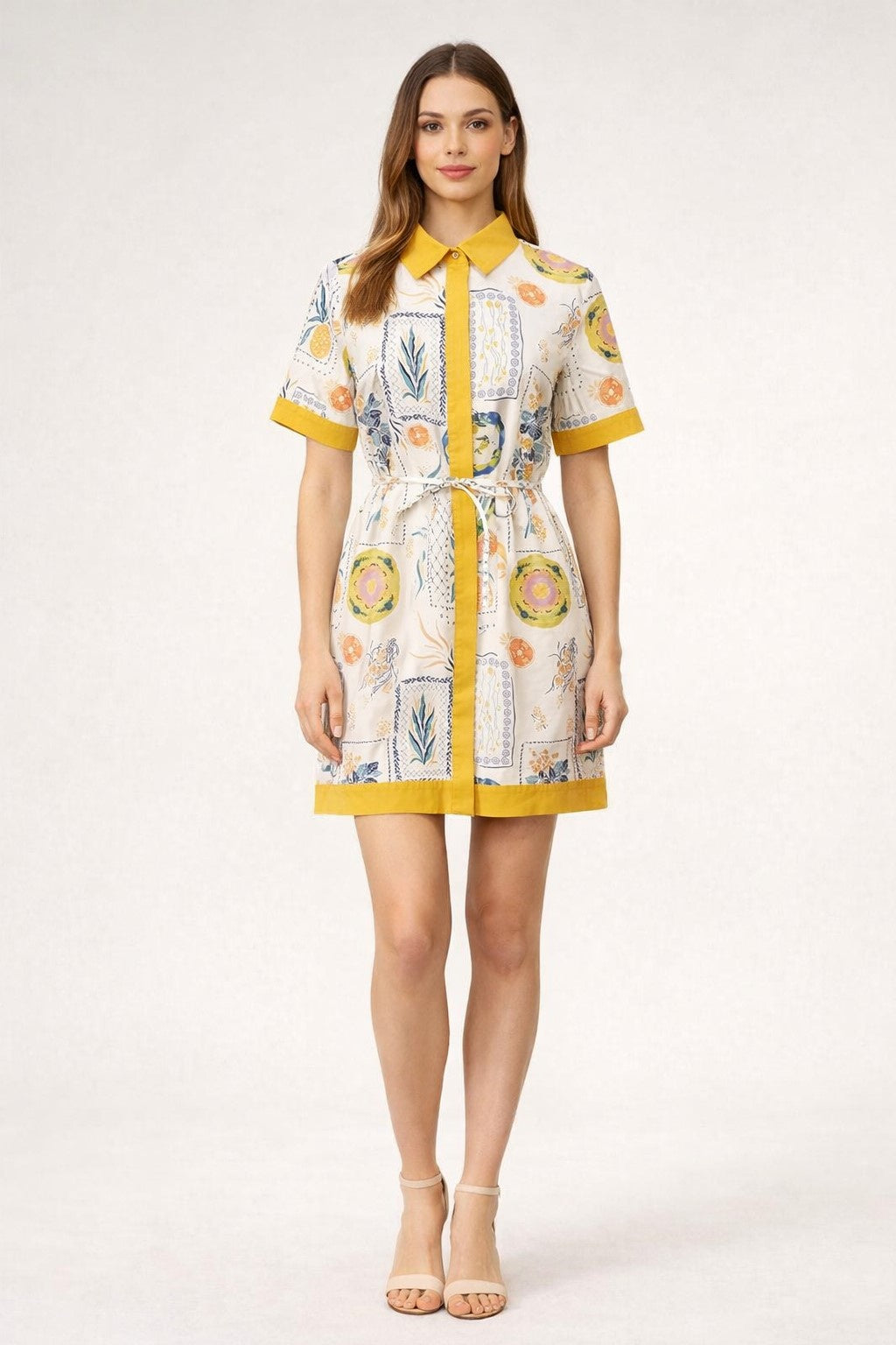 Contrast Solid Edge Detail Short Sleeve White Mustard Dress