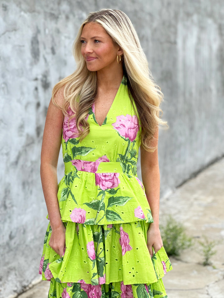 Floral Print Sleeveless Halter Neck Midi Dress in Chartreuse