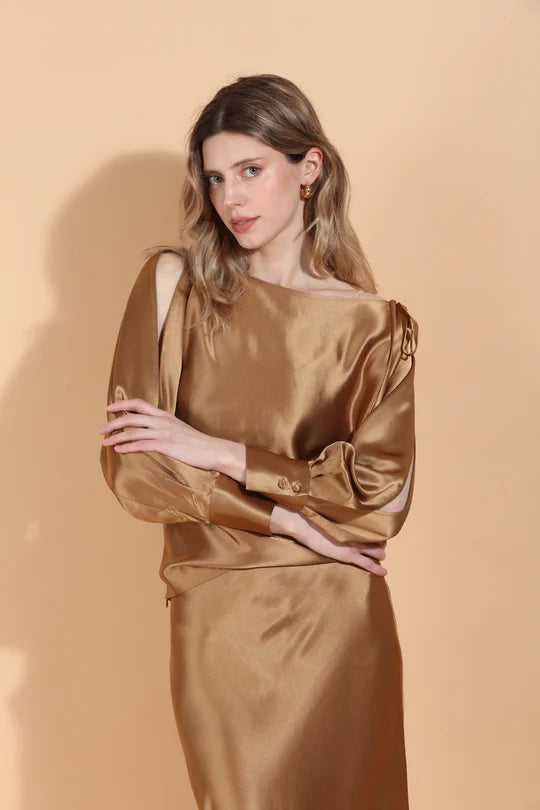 Boat Neck Satin Blouse in Antique Gold