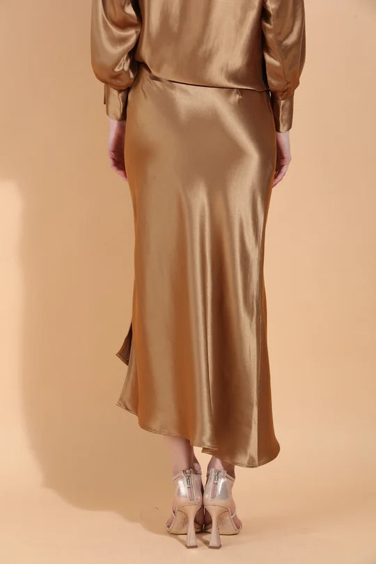 Asymmetrical Hem Satin Slip Skirt in Antique Gold