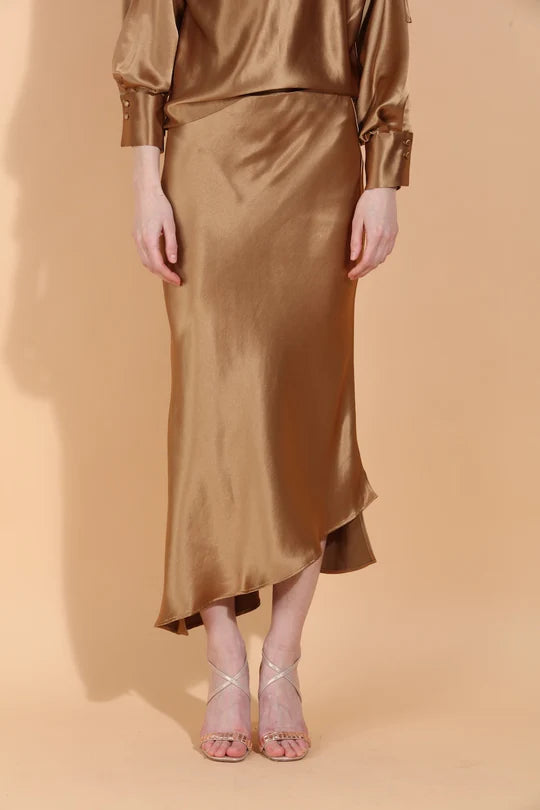 Asymmetrical Hem Satin Slip Skirt in Antique Gold
