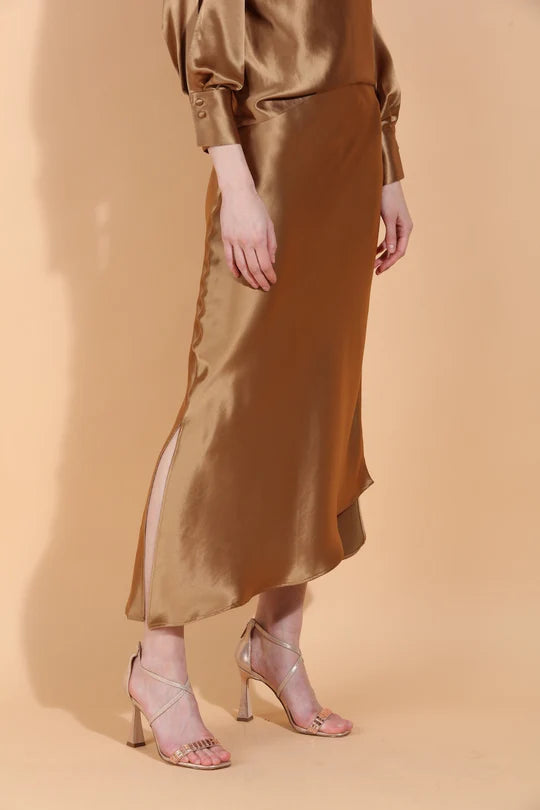 Asymmetrical Hem Satin Slip Skirt in Antique Gold