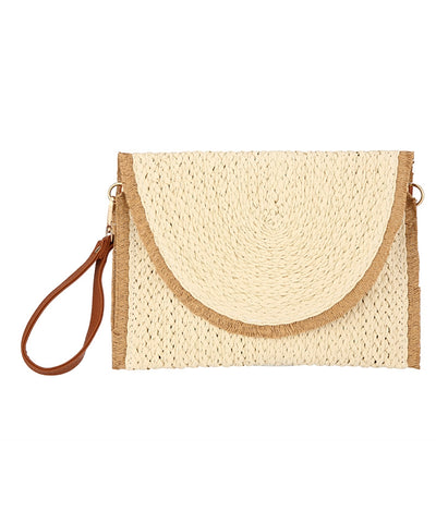 Line Trim Straw Clutch in Beige