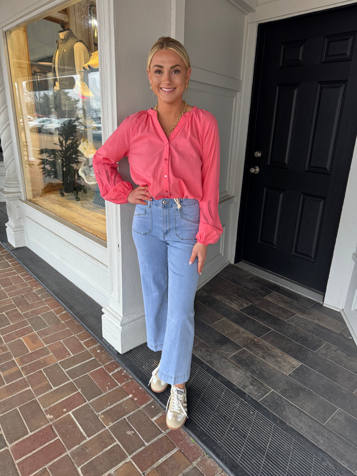 Charlie B Cropped Wide Leg Denim Pants With Patch Pockets