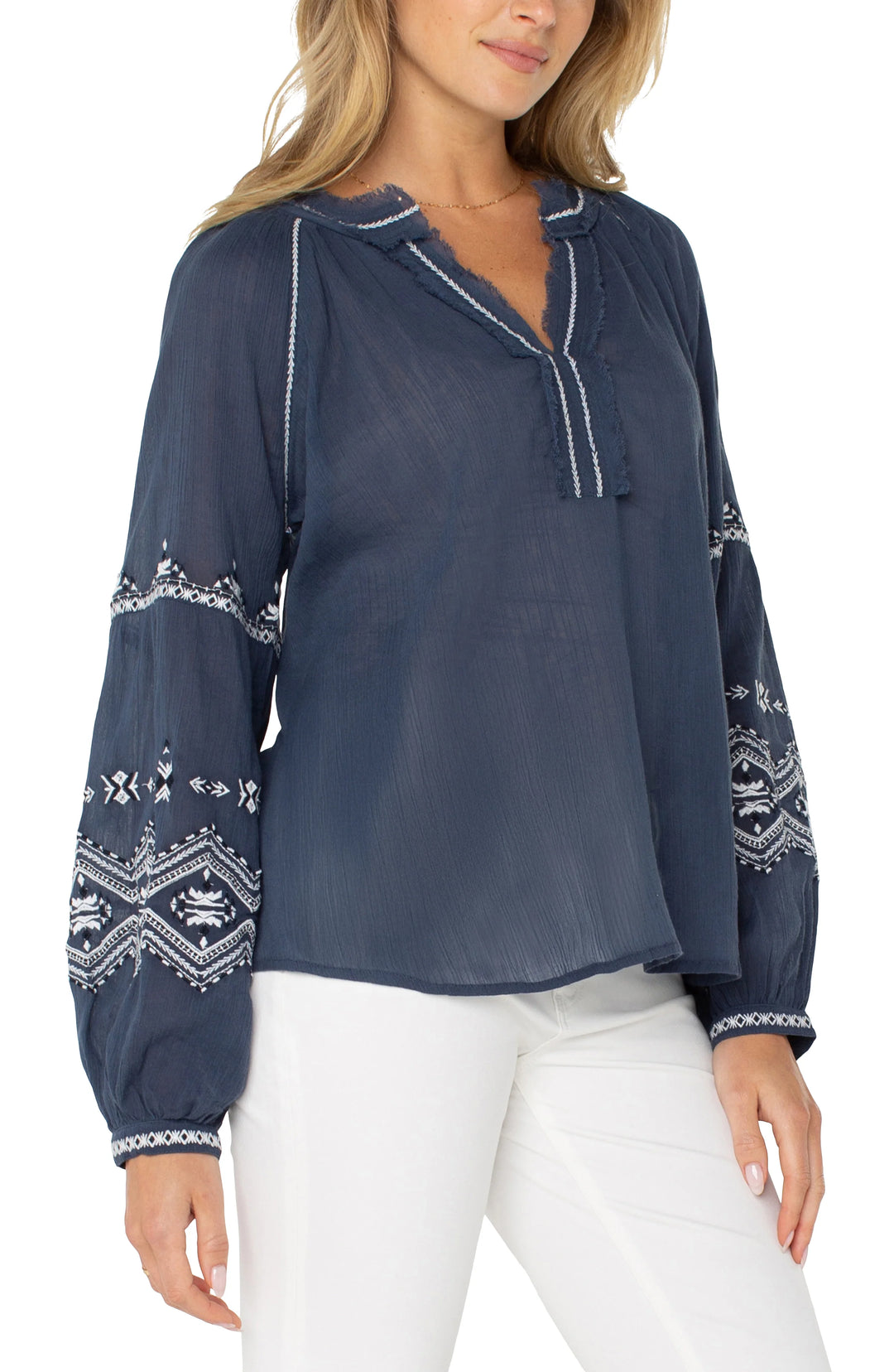 Liverpool Los Angeles Long Sleeve Raglan Woven Blouse in Insignia Blue