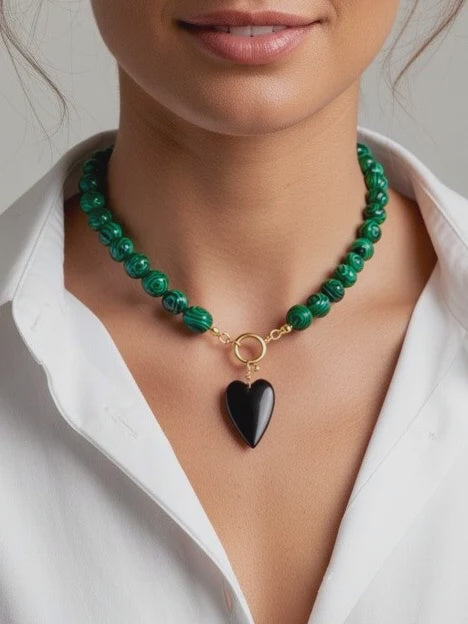 REBEL HEART Beaded Necklace in Green