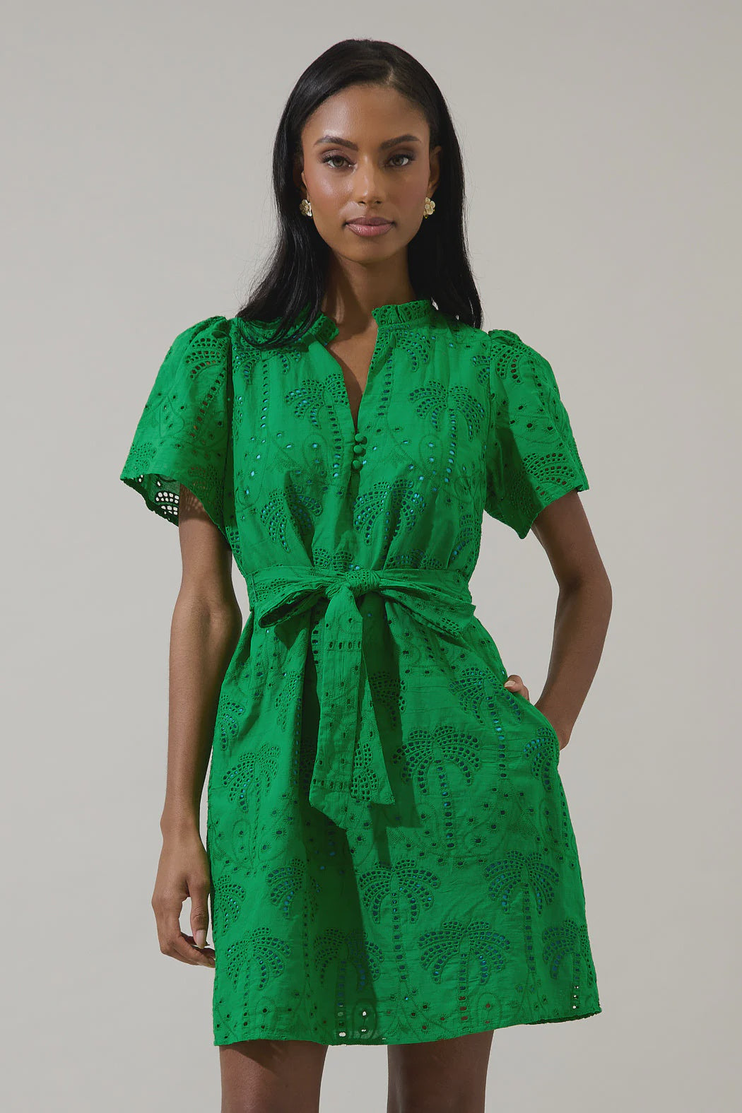 Ema Shift Mini Dress Palms Eyelet