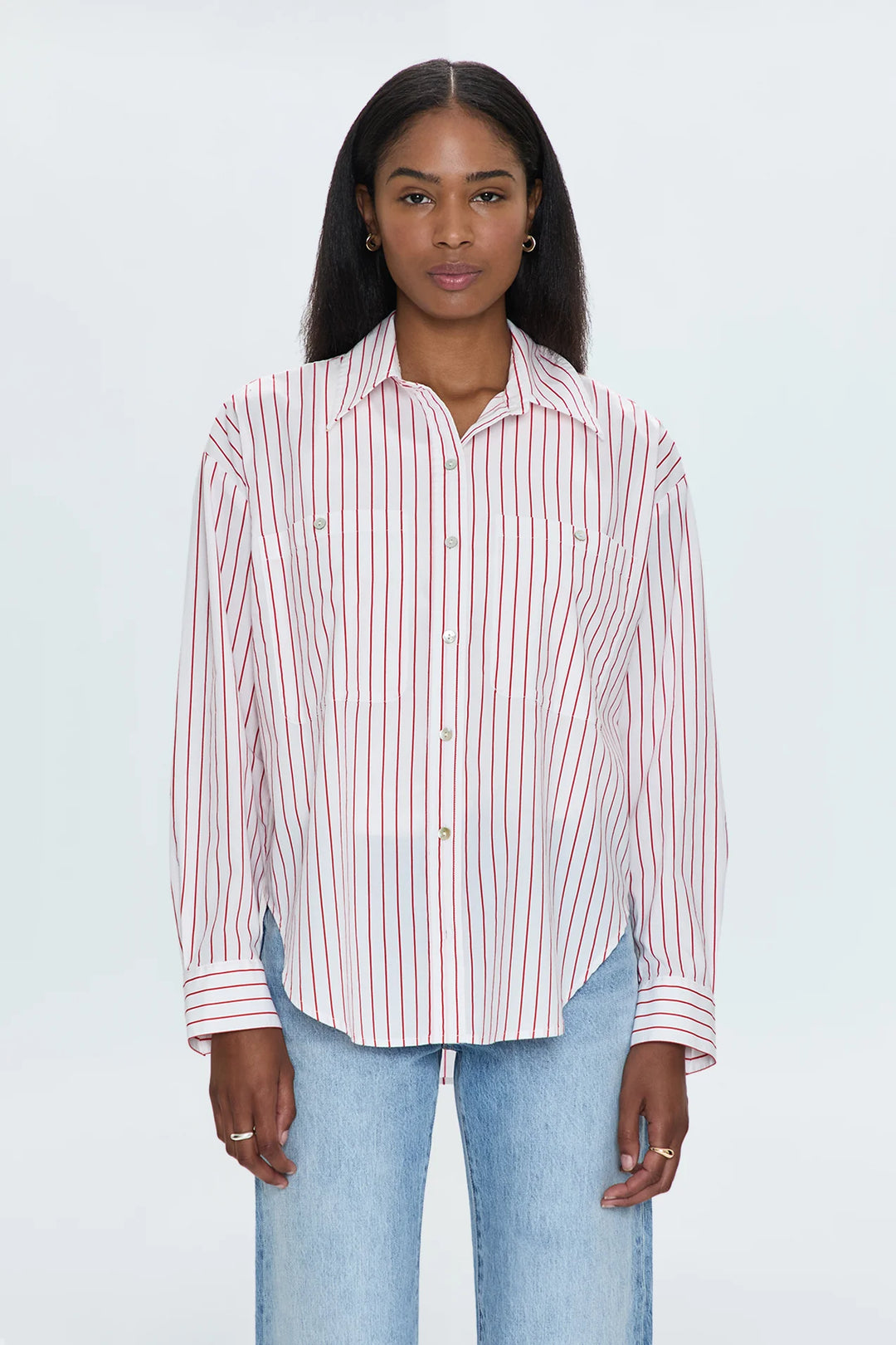 Pistola Samantha Oversized Button Up Shirt in Ruby Stripe