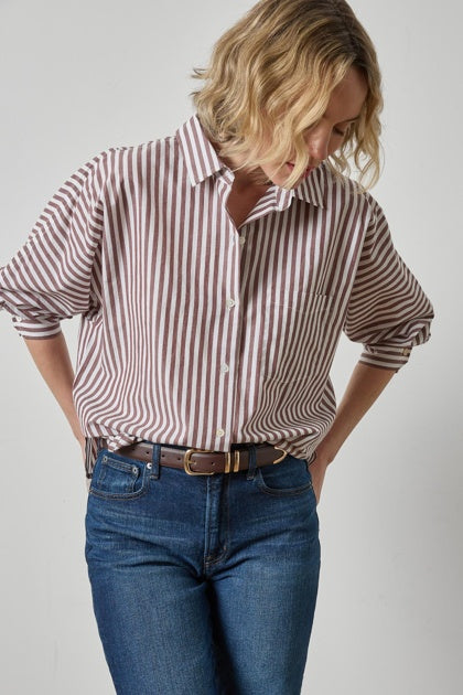 Lilla P Dolman Sleeve Button Down Shirt in Chestnut Stripe