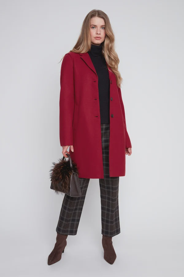 Renuar Brushed Knit Long Coat with Raw Edges in Cranberry