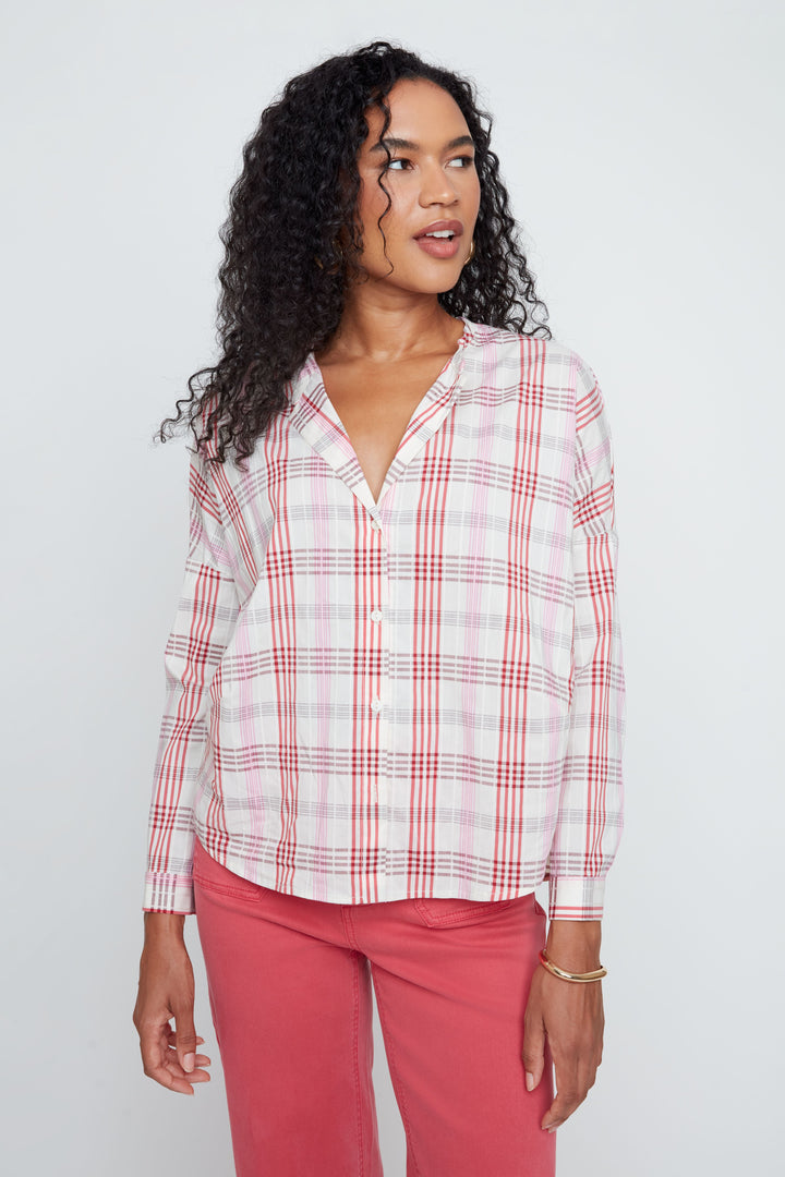 Renuar Woven Button Down Top in Scarlet Combo