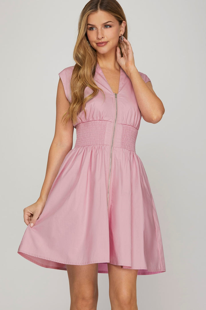 Timeless Flare Zip Mini Pocket Dress in Pink