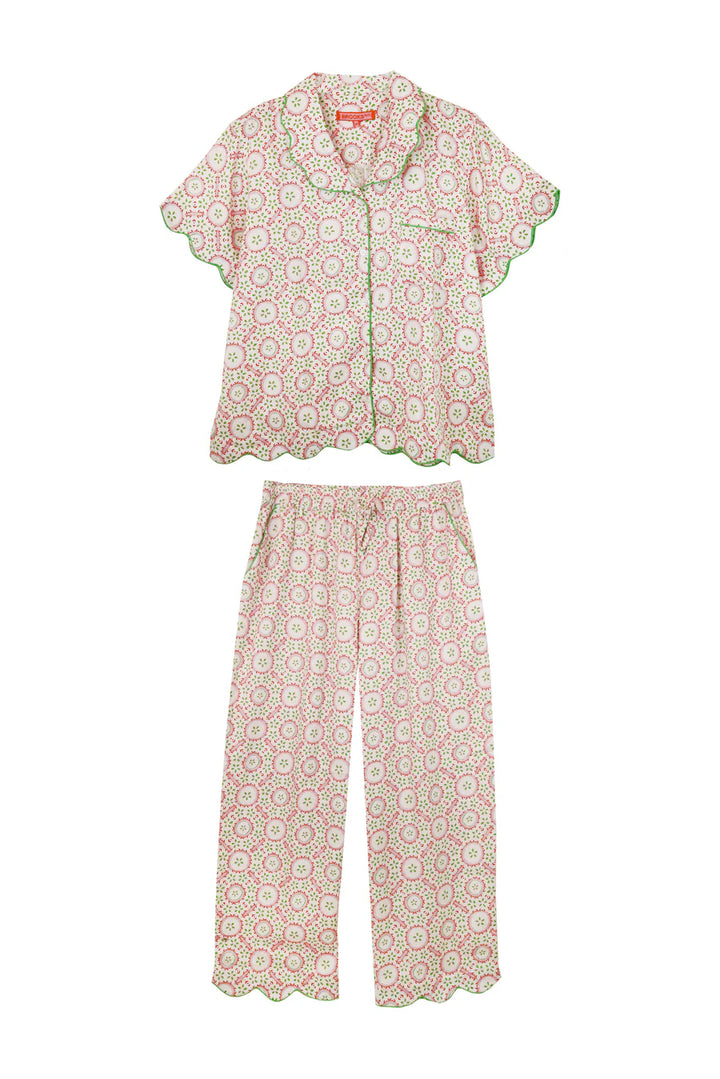 Scalloped Pajama Set Long Pant with Short Sleeve Top in Rosie