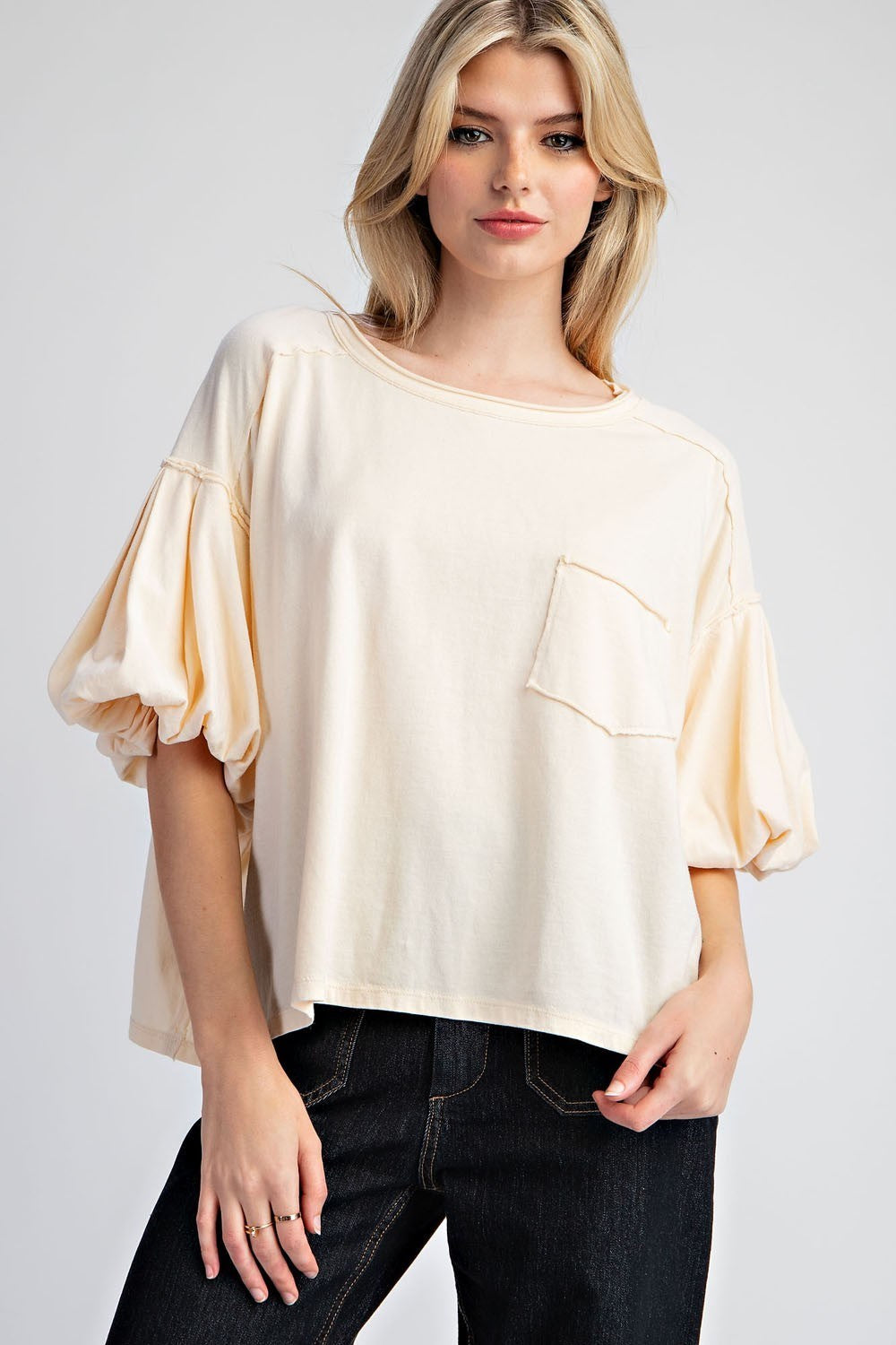 Down To Business Bone Puff Sleeve Top