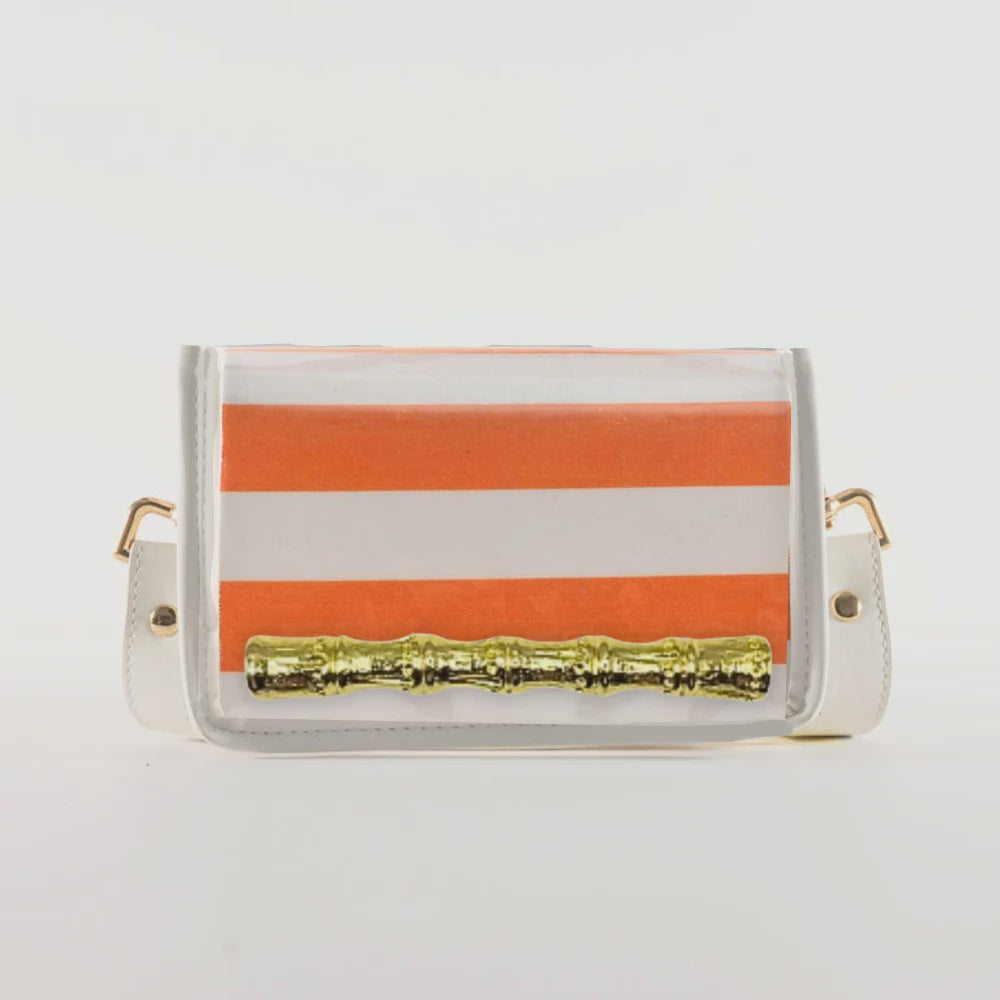 Petite Orange Stripe Clear Stadium Bag with Gold Bamboo Stick