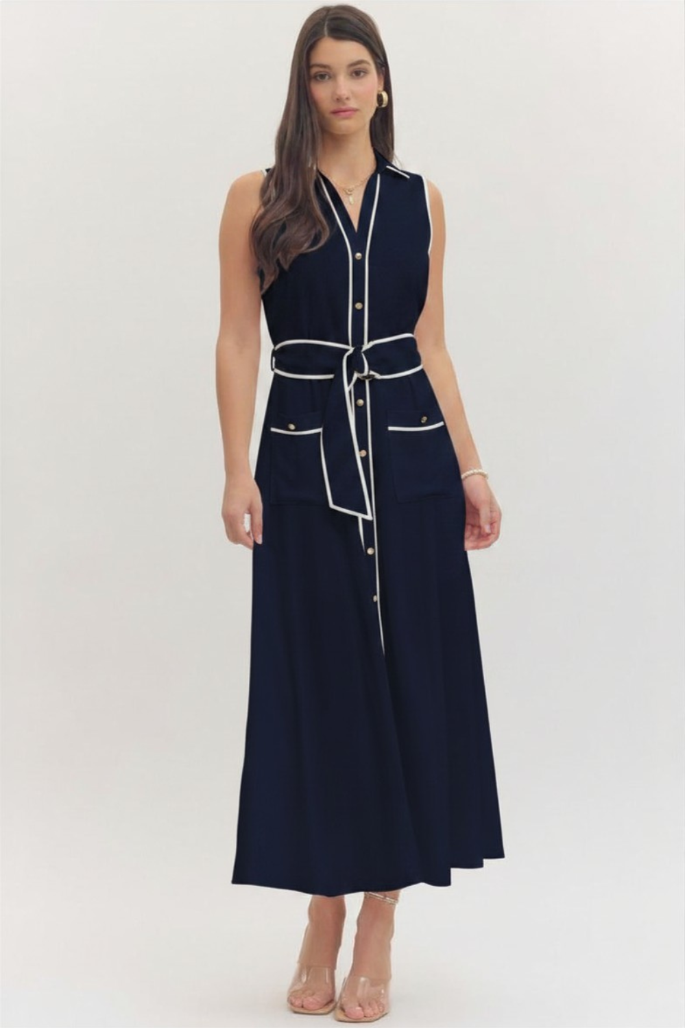Blue Solid Sleeveless Midi Dress
