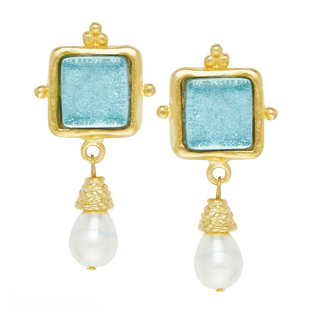 Susan Shaw Handcast French Glass Freshwater Pearl Earring in Aqua