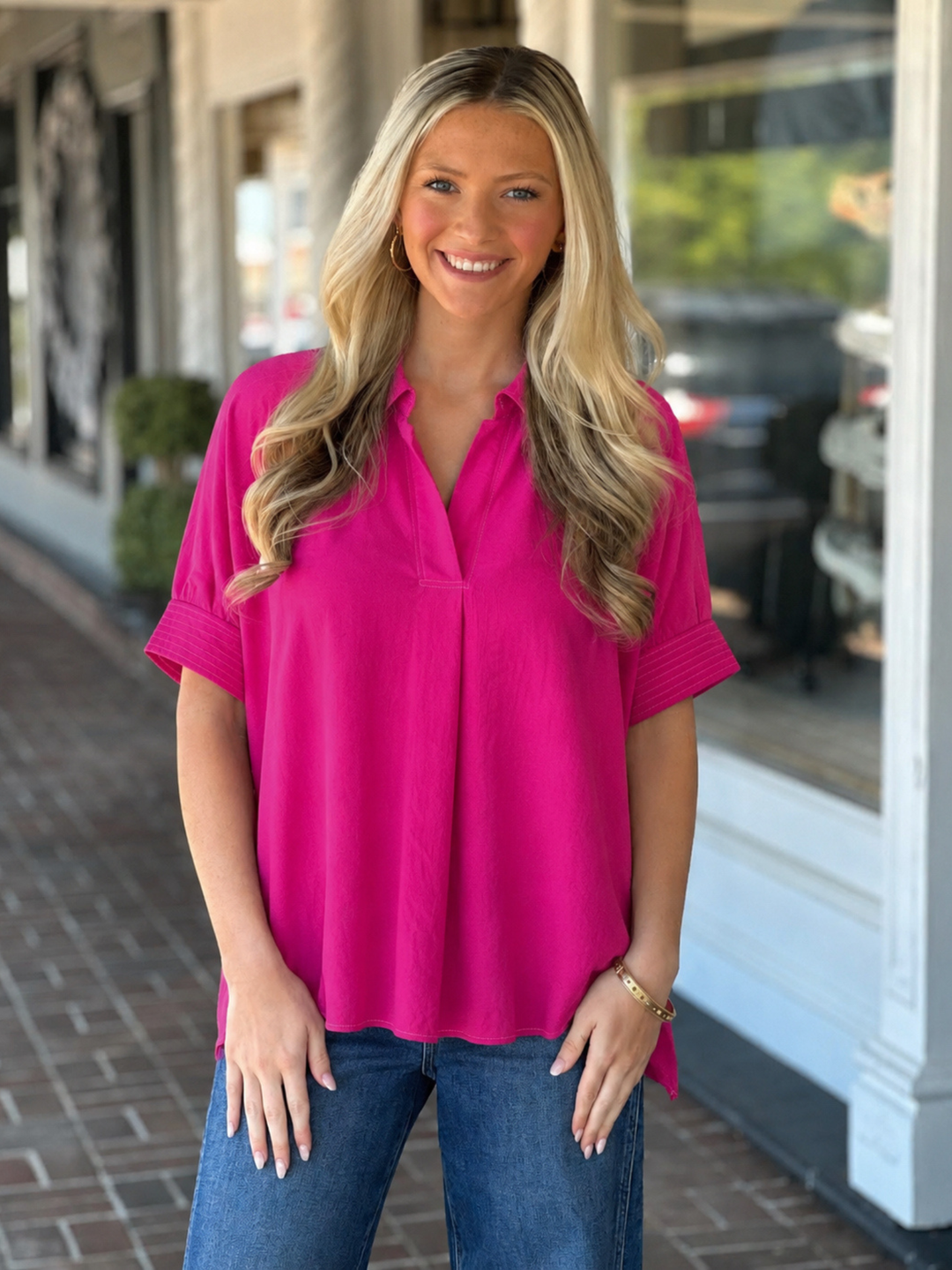 Pink Short Sleeve V Neck Top