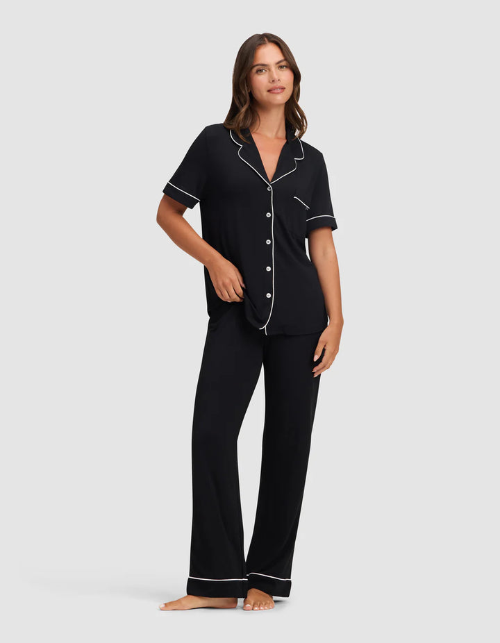 Barefoot Dreams Luxe Milk Jersey® Piped Short Sleeve Pant Set in Black